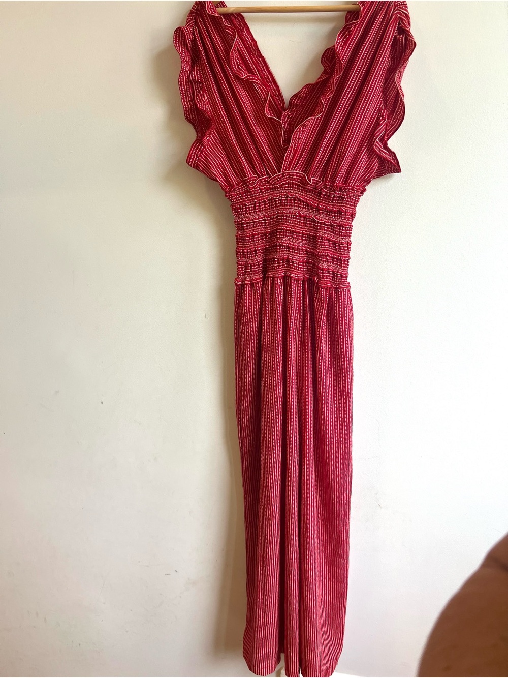 Max Studio Chic Boho Classy Red & White Striped Ruffle Jumpsuit - Picture 2 of 11